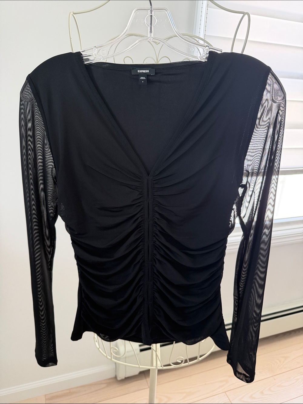 Express Black Ruched V-Neck Long Sleeve Mesh Sleeve Top